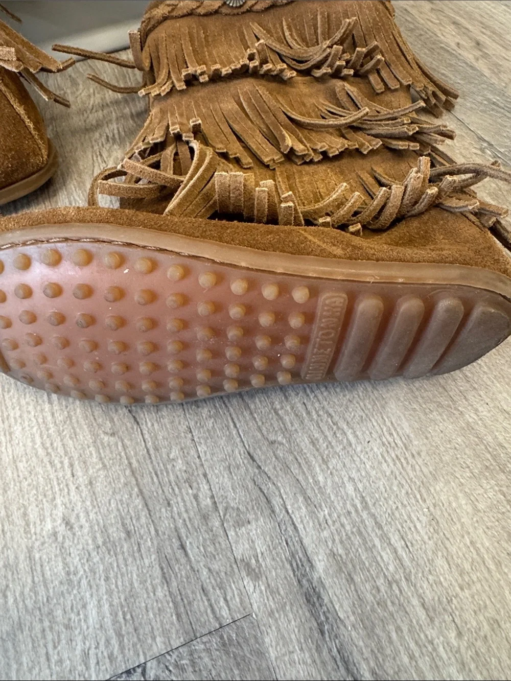 Minnetonka Brown Suede Triple Fringe Moccasin Boots with Braided Trim